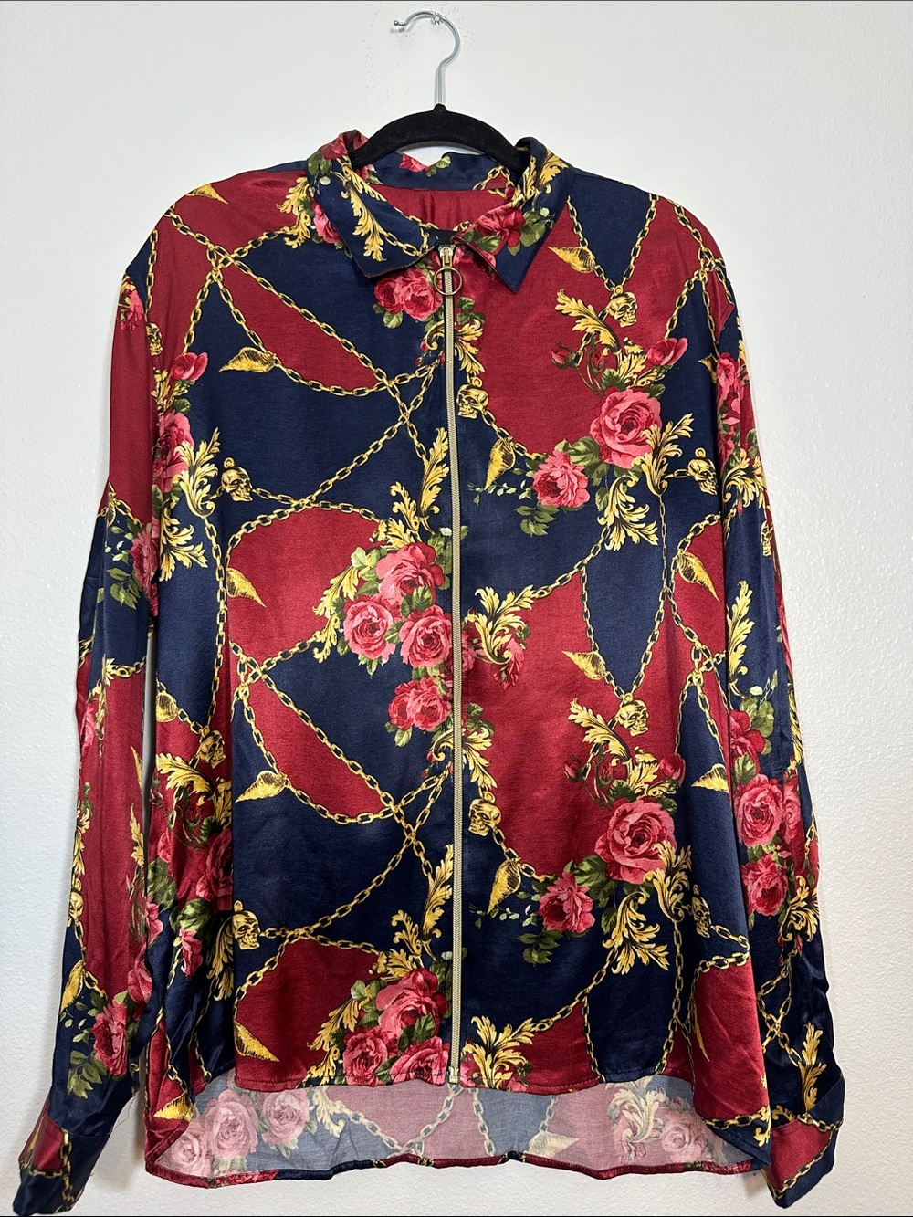 Zara Navy & Burgundy Floral Chain Zip Jacket